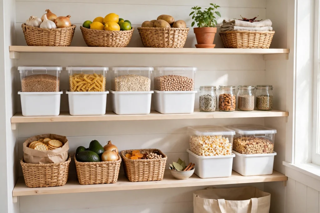 Beautifully organized kitchen shelf with budget-friendly organizers
