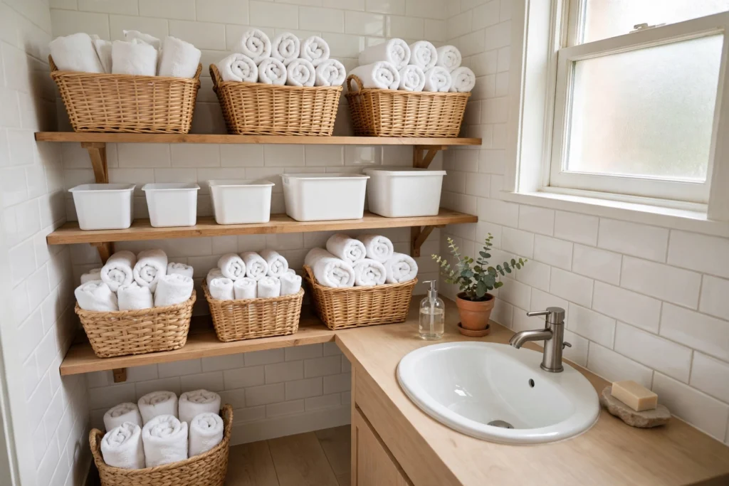 Budget-friendly bathroom shelves with woven baskets and storage bins