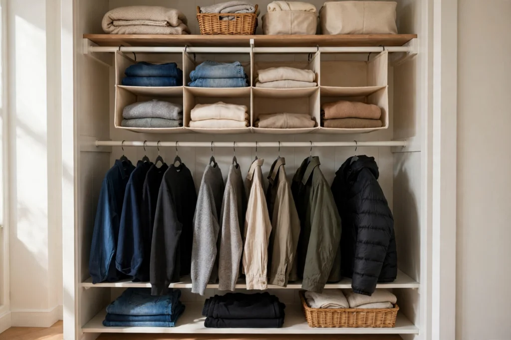Closet with affordable hanging organizer and neatly arranged clothes