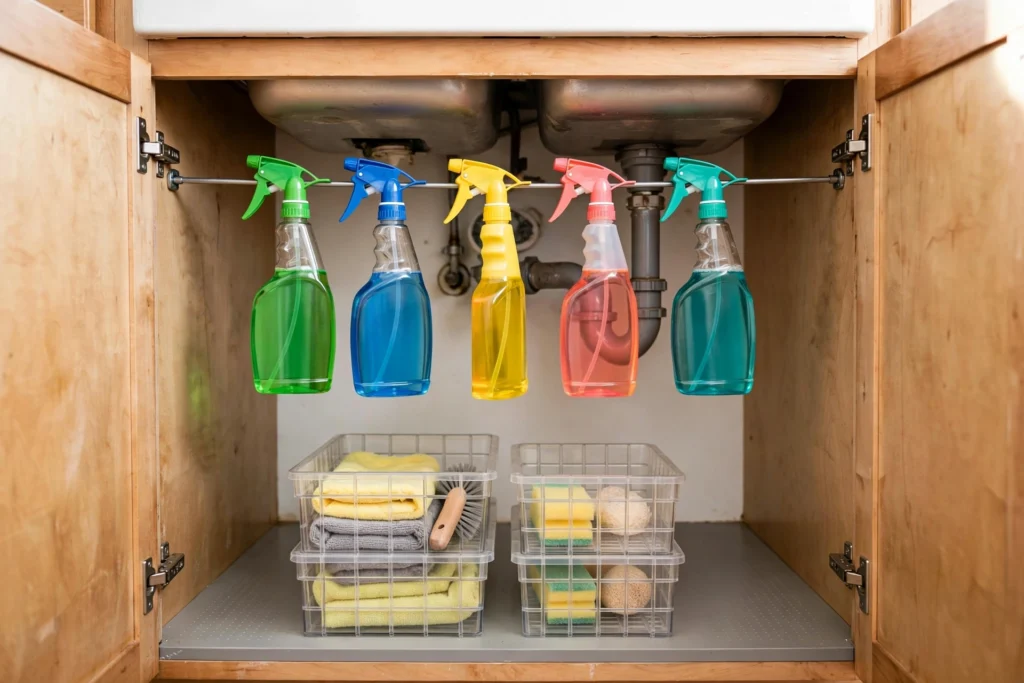 Under-sink tension rod holding colorful spray bottles, budget organization idea