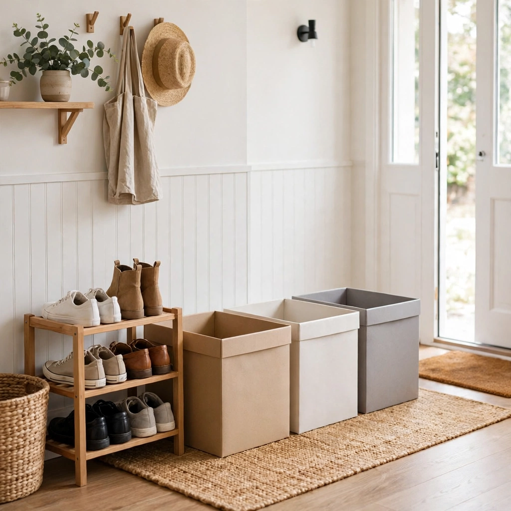 Entryway with three labeled boxes for keep, donate and trash decluttering system