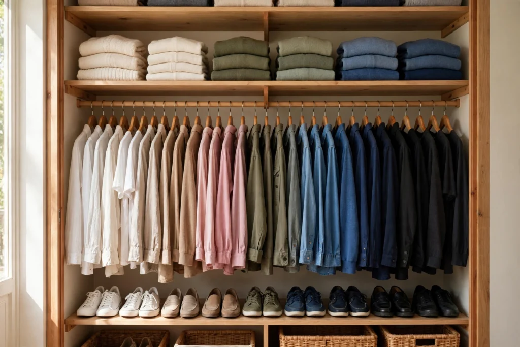 Beautifully organized closet with folded clothes and hanging shirts after decluttering