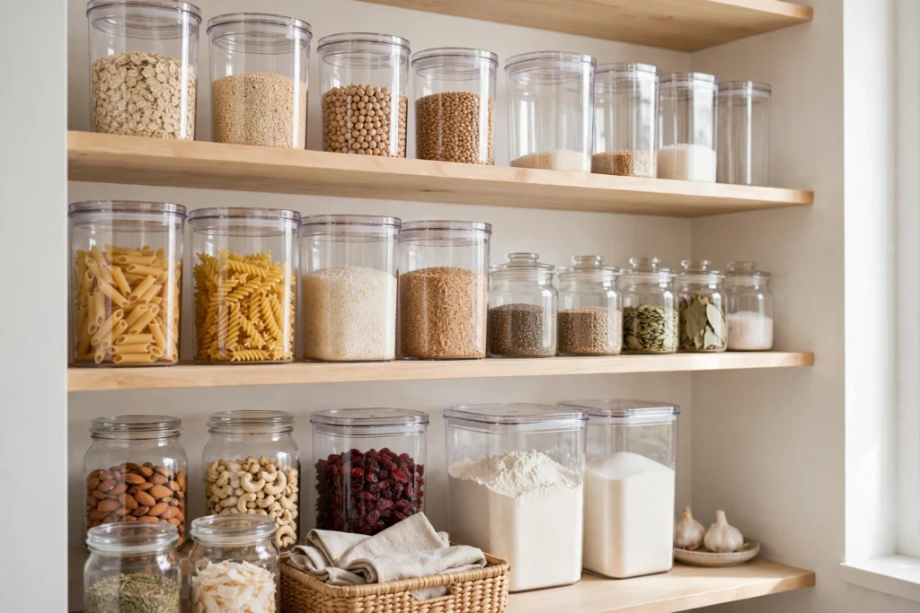 Organized pantry with clear labeled jars after decluttering