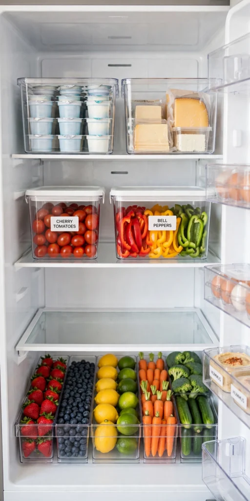 Pinterest-worthy organized fridge interior with clear bins and labeled containers