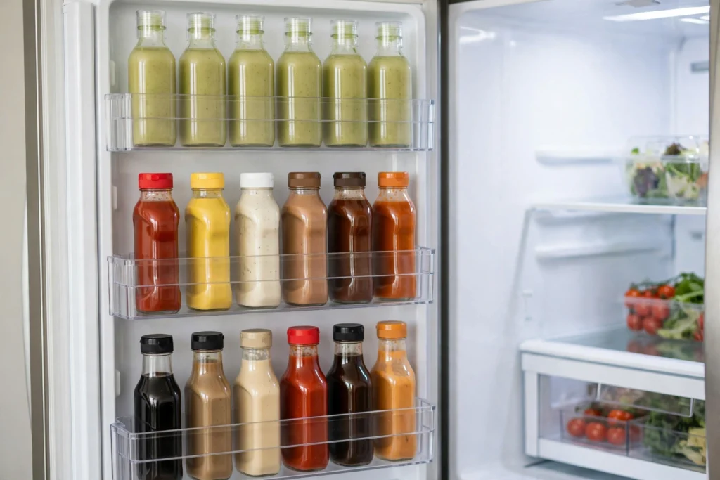 Fridge door bins organizing condiments and small jars in narrow lanes