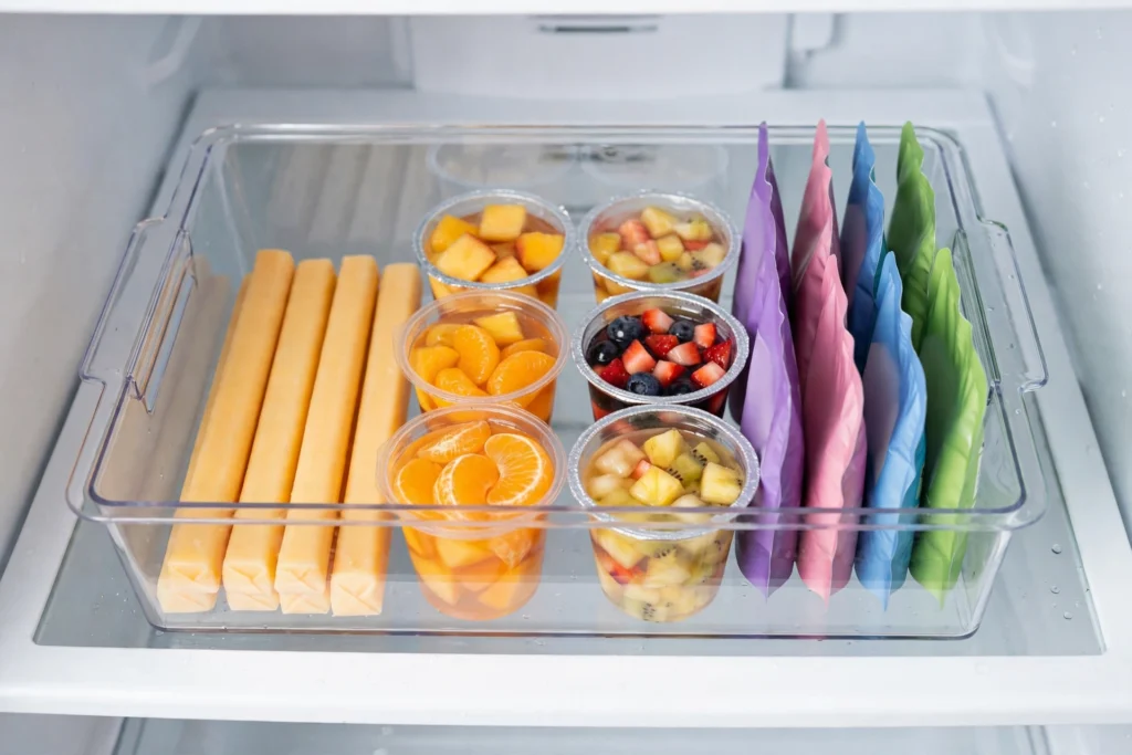 Kids snack station bin with portioned snacks at eye level in fridge