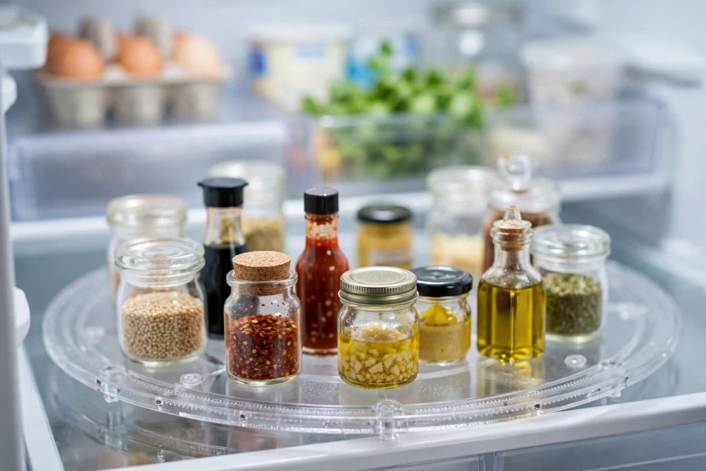 Turntable lazy Susan organizing condiment bottles inside fridge