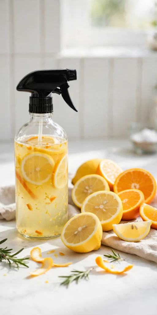 Homemade natural citrus cleaning spray bottle with lemons and vinegar