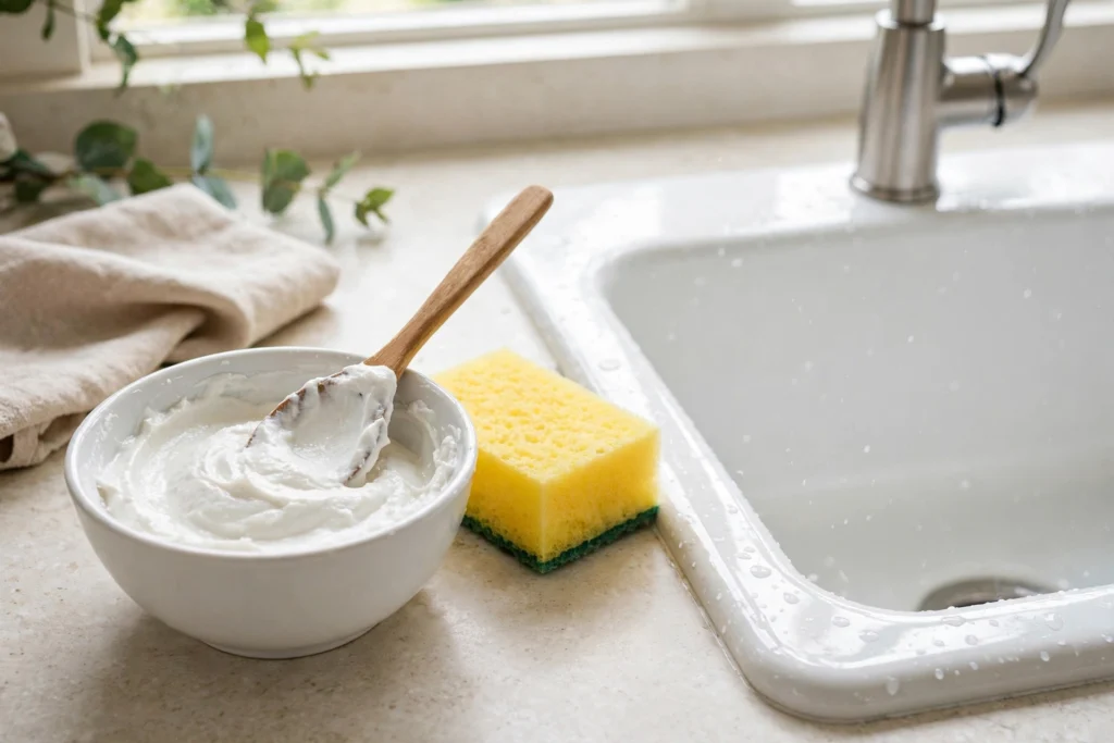 Baking soda soft scrub paste being applied to a sink with a sponge