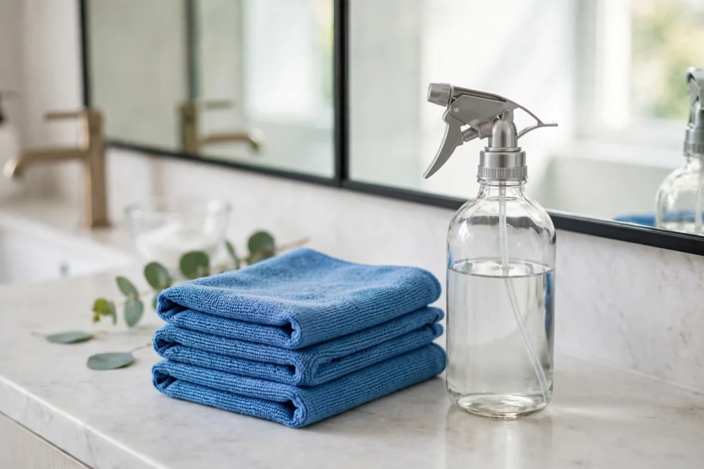 Streak-free glass cleaning setup with spray bottle and microfiber cloth