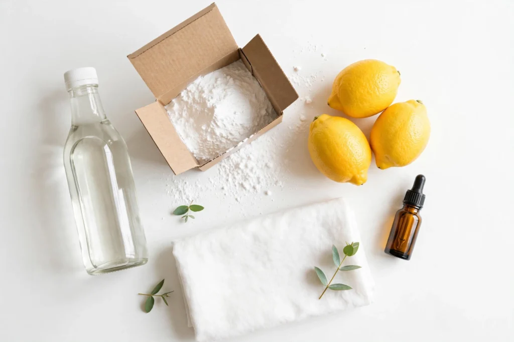 Natural cleaning ingredients flatlay with vinegar, baking soda, lemons and spray bottles