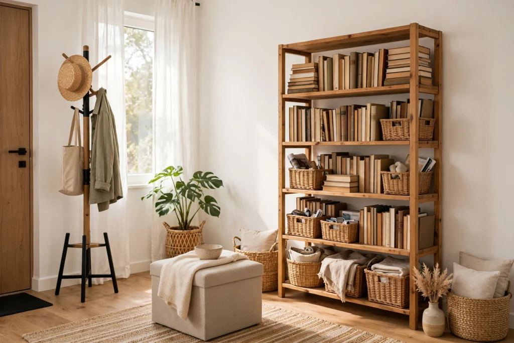 Stylish organized rental living room with no-drill storage solutions