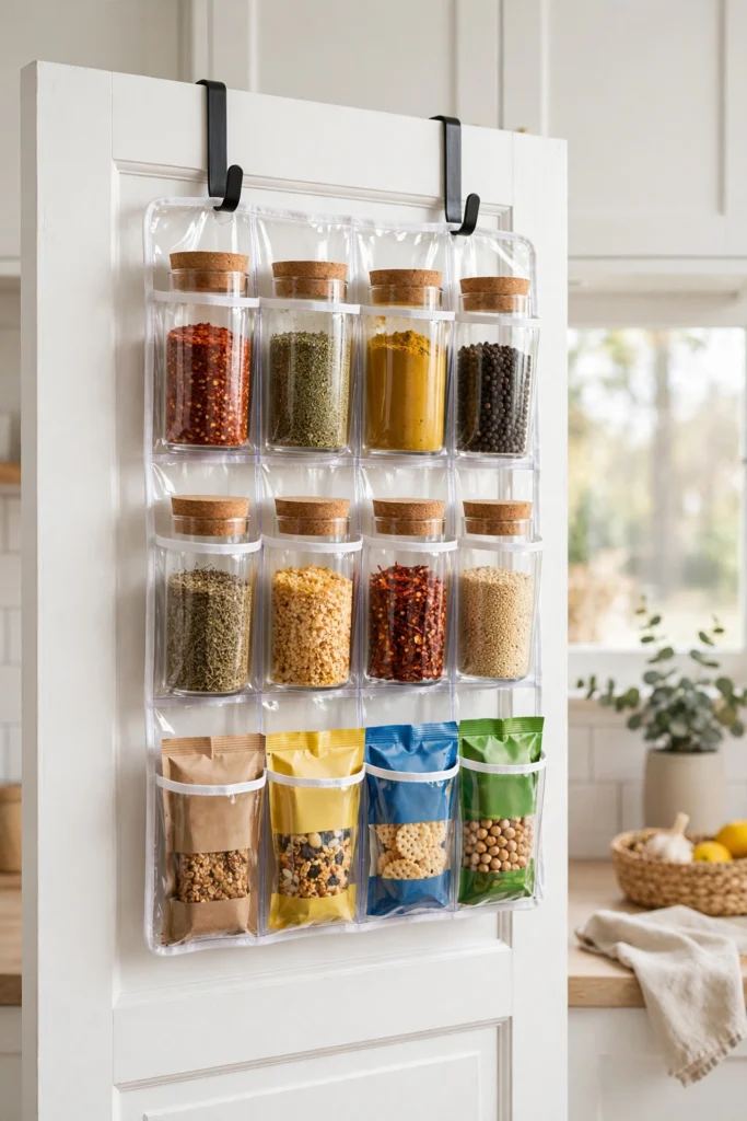 Over-the-door organizer holding spice jars on pantry door in rental kitchen