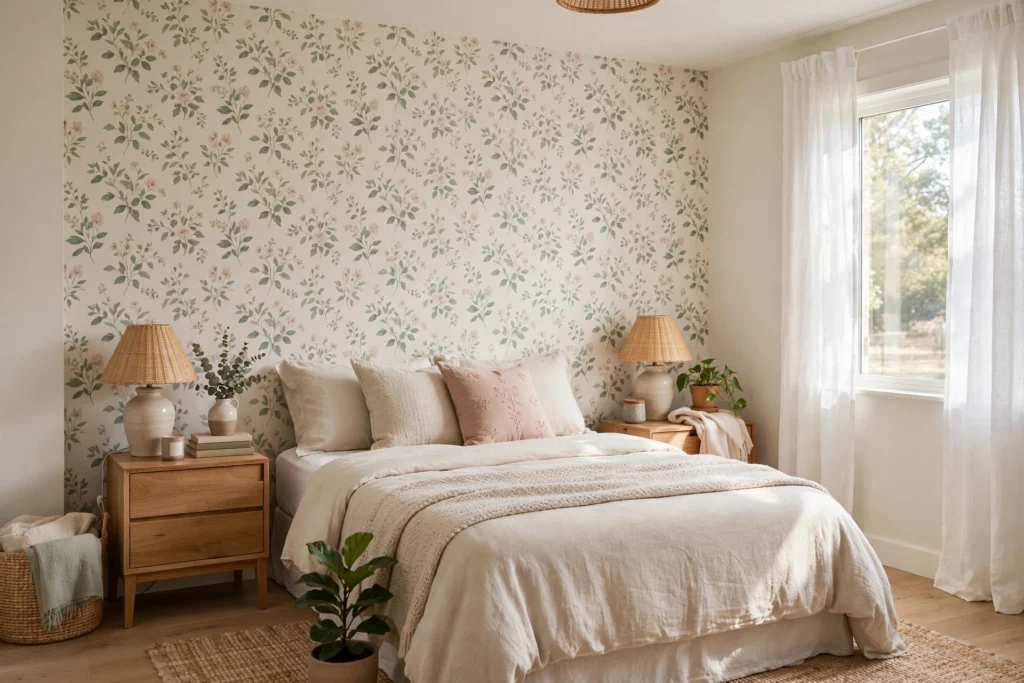 Rental bedroom with peel-and-stick floral wallpaper accent wall behind bed