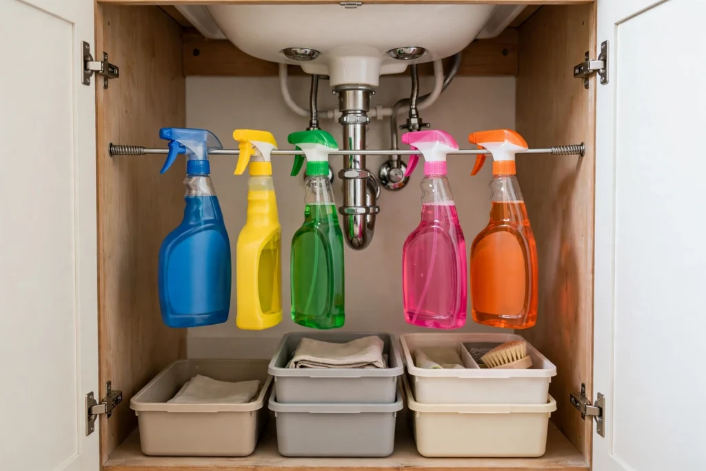 Under-sink tension rod holding spray bottles, renter-friendly storage hack