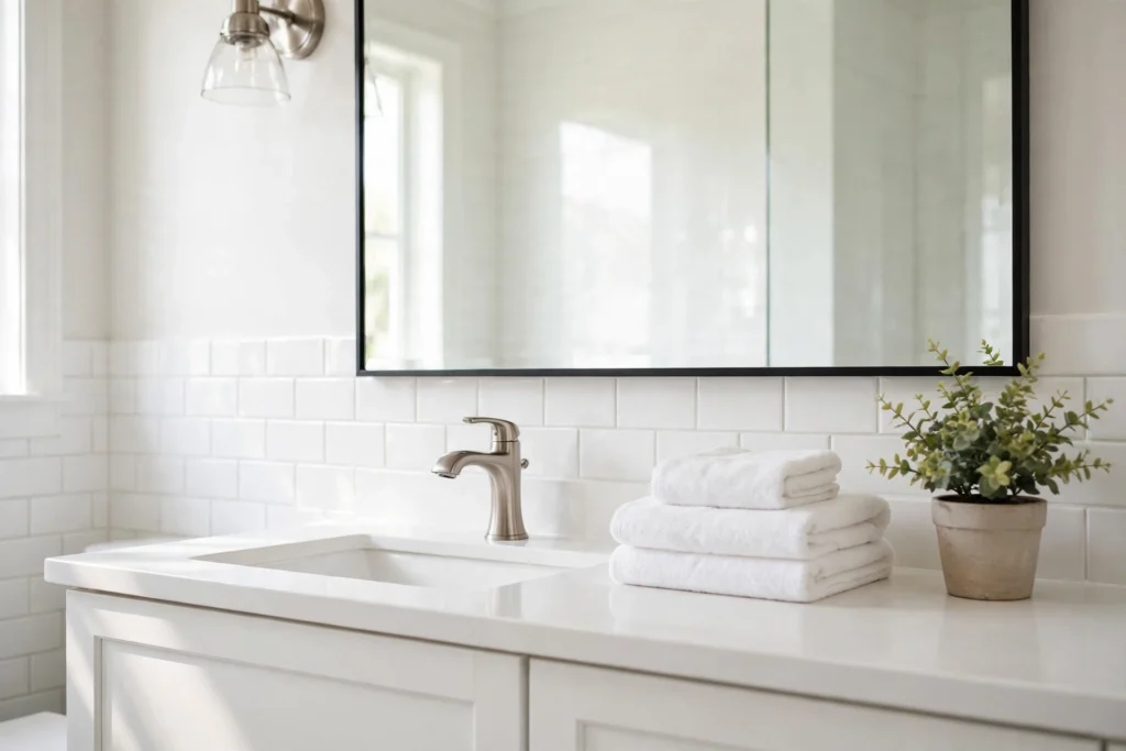 Clean organized bathroom with scrubbed tub and tidy counter