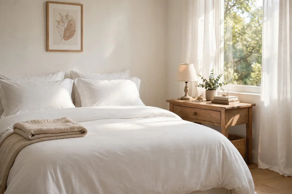 Fresh clean bedroom with made bed after weekly cleaning routine