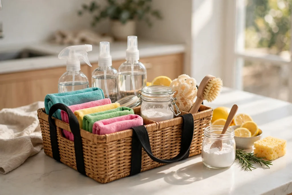 Cleaning caddy with all-purpose cleaner, microfiber cloths and supplies