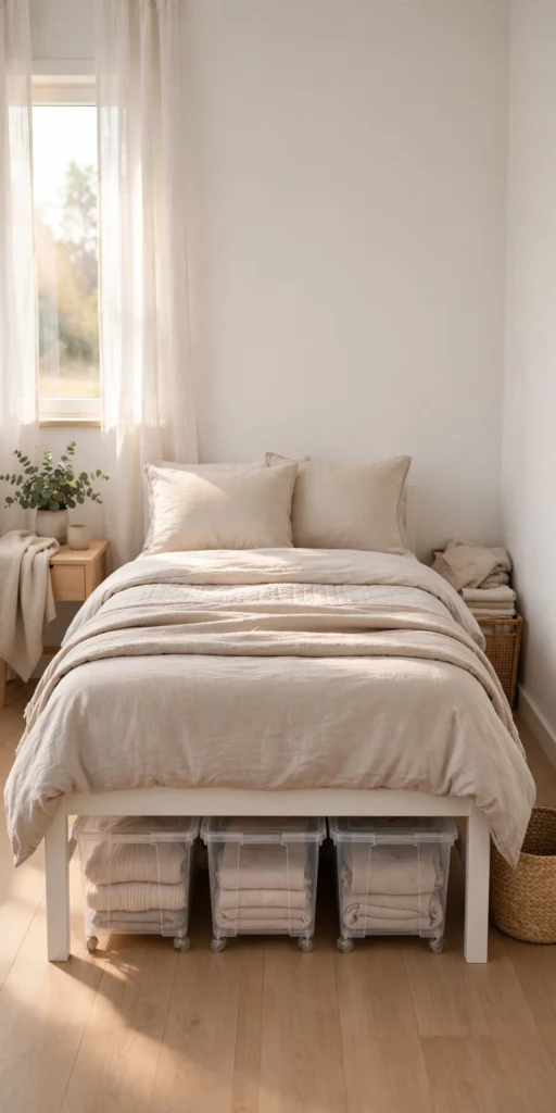 Small organized bedroom with bed and rolling under-bed storage bins