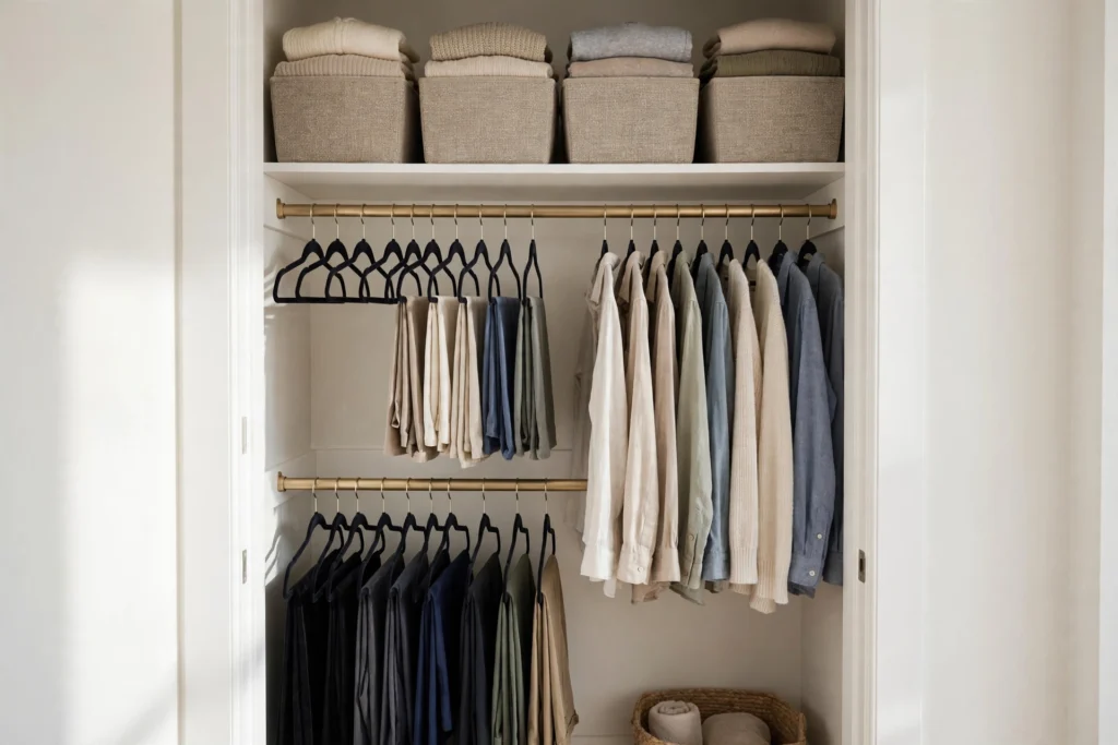 Closet with double hanging rod and slim velvet hangers doubling storage space