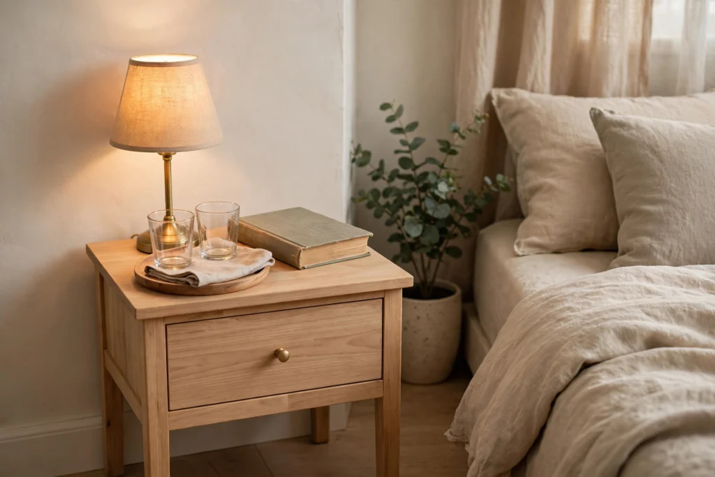 Tidy nightstand drawer organizer with lamp and book