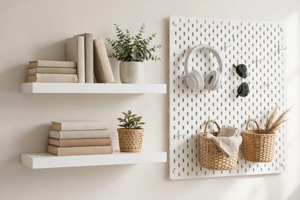 Bedroom wall with floating shelves and pegboard for vertical storage