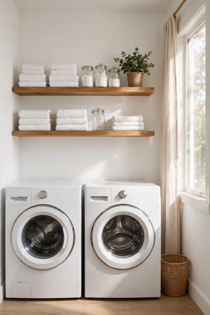 Small organized laundry room with floating shelves, folded towels and glass jars above washer and dryer
