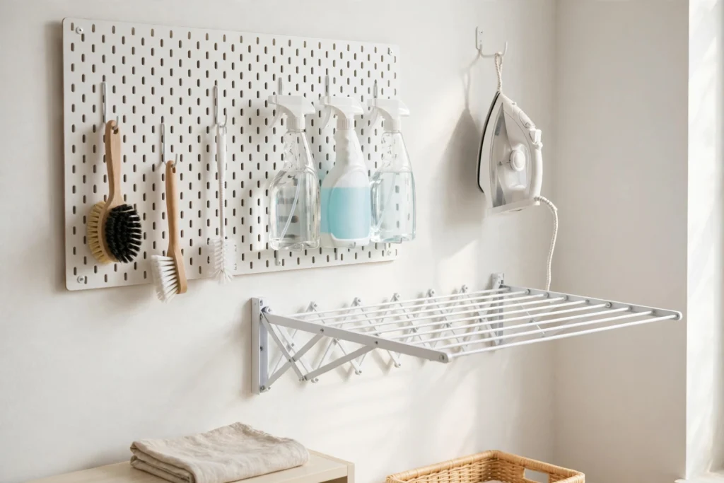 White pegboard with cleaning brushes and spray bottles plus wall-mounted folding drying rack in laundry room