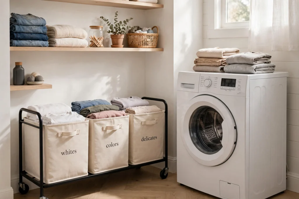 Laundry sorting station with three labeled bins on rolling cart next to washing machine