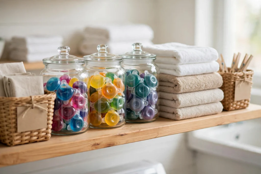 Organized laundry shelf with glass jars of detergent pods, folded towels and labeled baskets