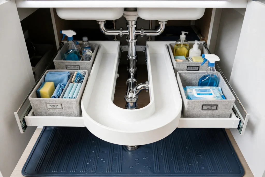 Organized under-sink cabinet with waterproof mat, bins and tension rod
