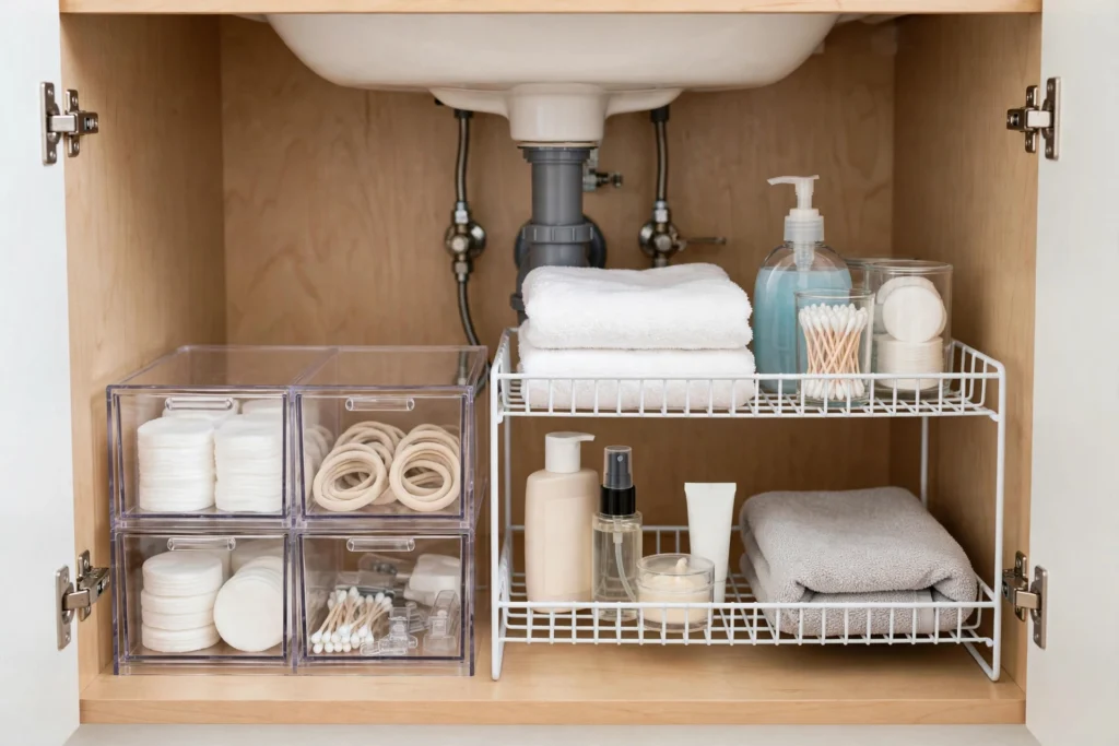 Bathroom under-sink cabinet with tiered shelf riser and clear storage drawers