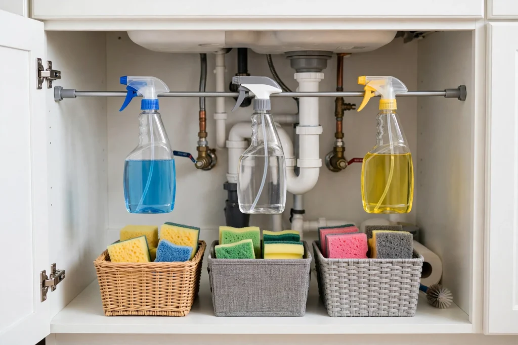 Kitchen under-sink cabinet with tension rod holding spray bottles around pipes