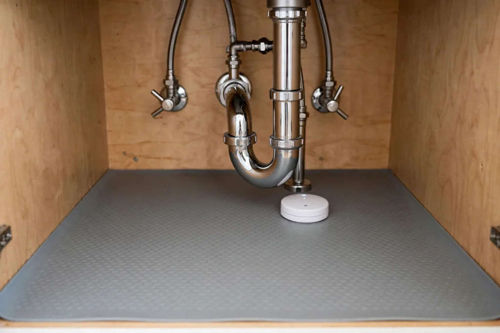 Waterproof silicone mat and leak detector protecting under-sink cabinet floor