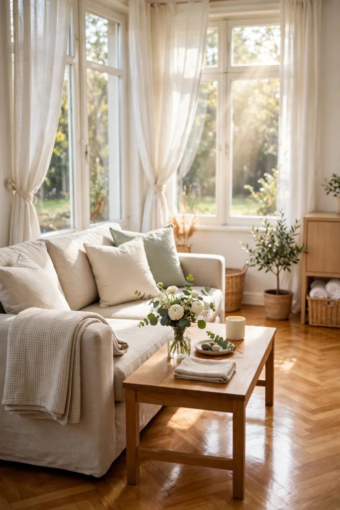 Sunlit fresh and clean living room after weekly home reset