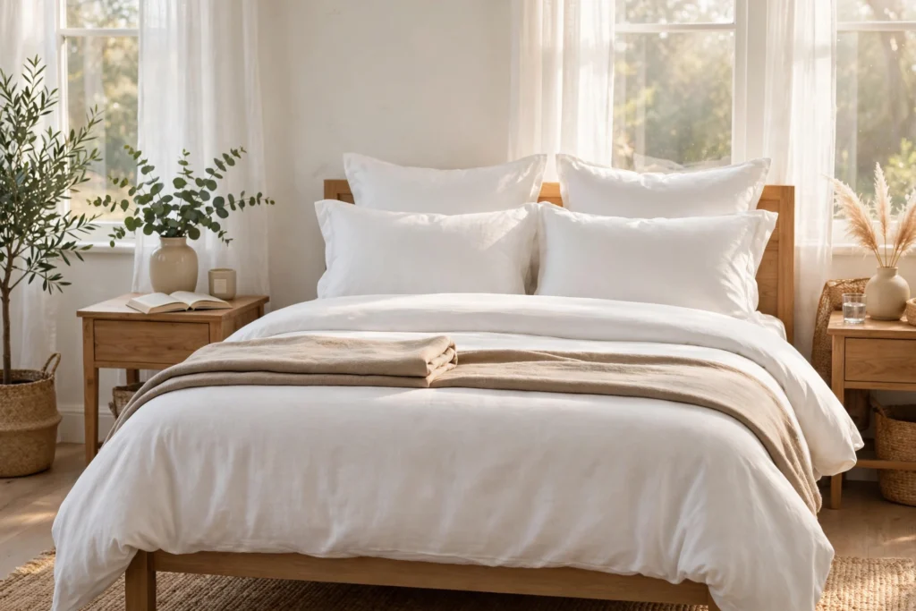Crisp white fresh bed linens changed during Sunday reset